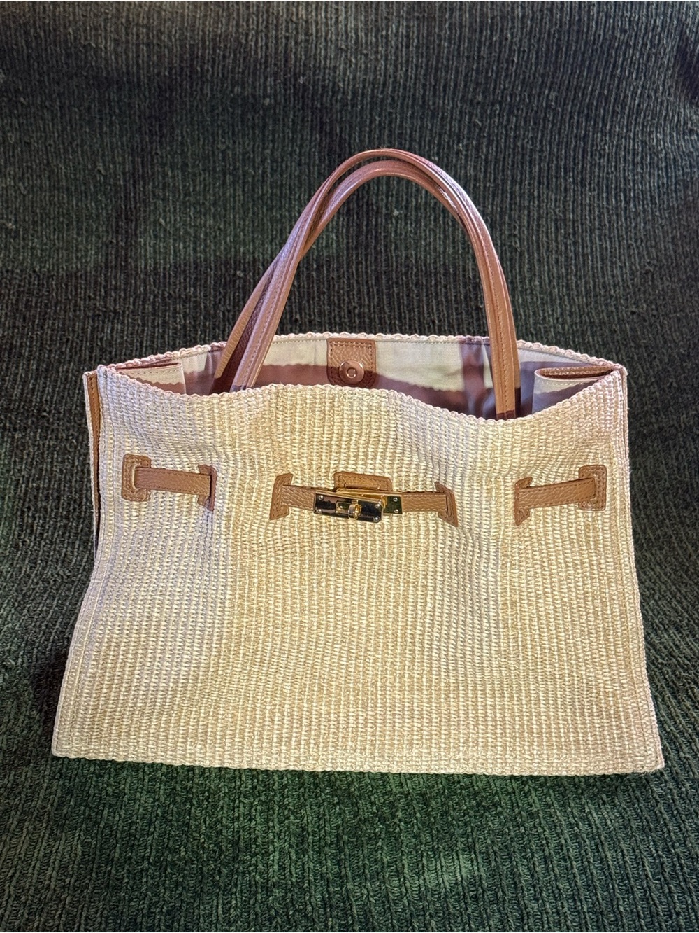 Cream Woven Tote with Tan Leather Handles